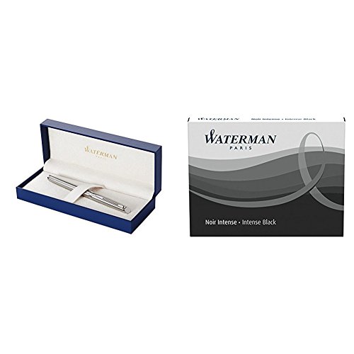 Waterman Hémisphère Acier Attributs Chromés Stylo Plume Pointe Fine - Dans son écrin + Waterman Cartouche Standard Longue pour Stylo-Plume Encre Noire...