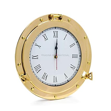 Nagina International Premium Nautical Brass Porthole Clock | Pirate Ship's Elegant Metal Roman Dial