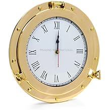 Nagina International Premium Nautical Brass Porthole Clock | Pirate Ships Elegant Metal Roman Dial Face Wall Clock | Home Decorative Gifts 6 Inches