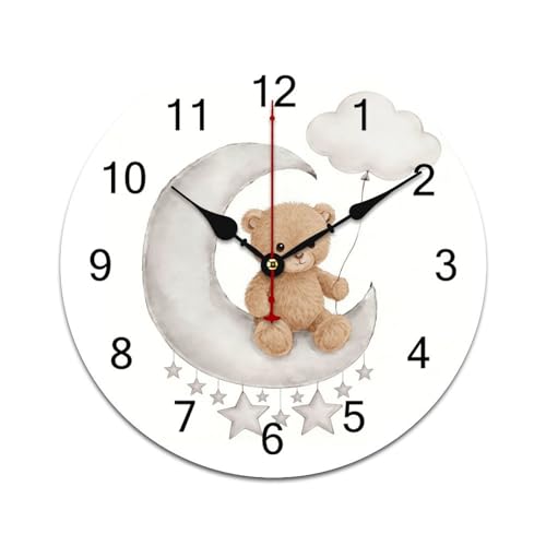 Image of Hapuxt Wall Clock for Living Room Decor Cute Teddy Bear Star Moon PVC 9.8 Inch Hanging Round Desk Clocks Silent Non-Ticking Battery Operated Easy to Read Bathroom Kitchen Office