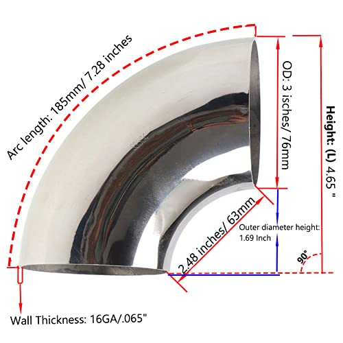 Osidu 3 Inch 90° Mandrel Bend Elbow, Ss304 Stainless Steel Bend Tube 90 Degree Exhaust Elbow Pipe - Thickness 16Ga/.065" For Car Modified Exhaust System, Stair Handrail (3 Pcs) #TOP1