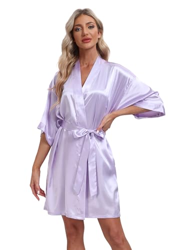 Lilac Purple Women's Satin Silk Kimono Robes for Bridal Party, Bridesmaid & Summer Sleepwear