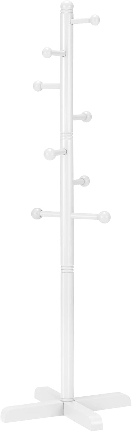 Cross Coat Rack Freestanding Clothing Hanger Home Racks, Wooden Coat Tree Stand with 8 Hooks 2 Adjustable Height, Easy Assembly in Entryway, Room for Hat, Umbrella etc (White)
