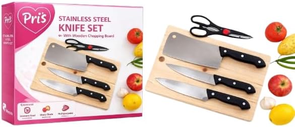 Advanced Heavy-Duty Stainless Steel Kitchen Knife Set with Ergonomic Grip Handles and Long-Lasting Wooden Chopping Board
