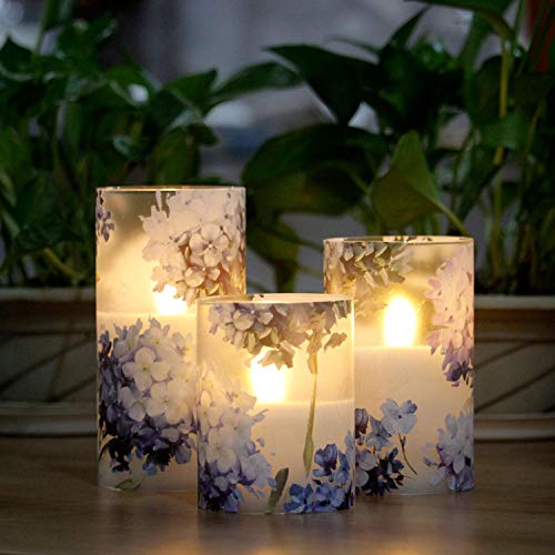 Gorge Moment Flameless Candles Flicker With Remote, Dim Blue Violet Hydrangea Spring Summer Theme Decorative Glass Decor For Wedding Date Proposal Easter Dinner Table Home Mother's Day Gift For Lover #TOP3