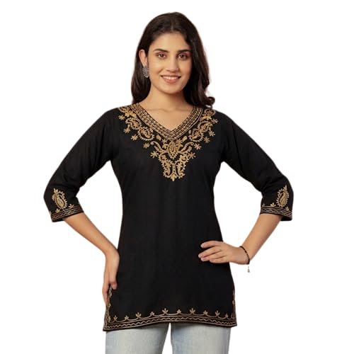 Image of Rayon Kashmiri Embroidered Short Kurti for Women | V-Neck Tunic Top with 3 /4 Sleeves | Floral Design Indo-Western Kurti for Jeans & Leggings