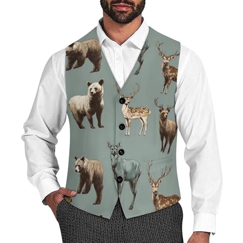 Deer Bear Men's Suit Vests Business Formal Dress Vest V-Neck Waistcoat for Wedding Casual