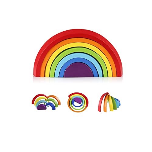 Image of Coogam Wooden Rainbow Stacker Nesting Puzzle Blocks - Tunnel Stacking Game Building Creative Color Shape Matching Jigsaw Learning Toy Set Board Early Development Gift for Kids Boy Girl