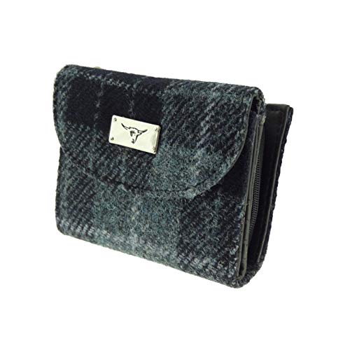 Glen Appin of Scotland Grey & Black Tartan Check Harris Tweed Jura Short Ladies Purse Wallet