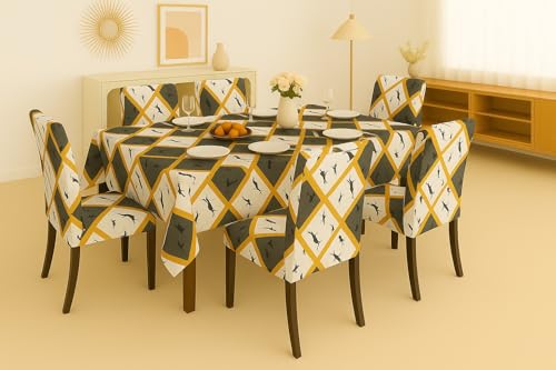 Image of Homerz Premium 6 Seater Dining Table Cloth with 6 Dining Chair Covers,Elastic Fitted Chair Slipcovers, Printed Polycotton Fabric, Table Cloth Size 60x90 inch (Marble)