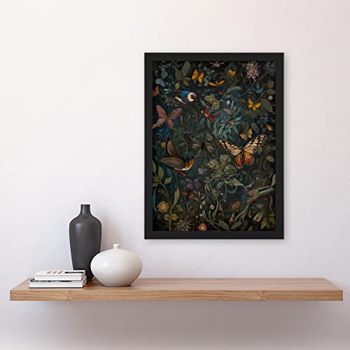 Artery8 William Morris Style Plants Birds and Butterflies Artwork Framed A3 Wall Art Print, Framed Black A3, 45.5L x 33W cm - Image 2