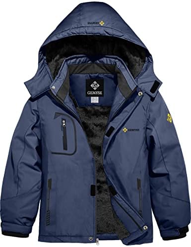 GEMYSE Boy's Waterproof Ski Snow Jacket Fleece Windproof Winter Jacket with Hood (Navy Blue,8)