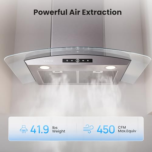 Image of VIKIO HOME 30 Inch Wall Mount Range Hood, Curved Glass Kitchen Vent Hood, 450 CFM Dual Inlet, Ducted /Ductless Convertible, 3-Speed Touch Control, LED Lights, Stainless Steel