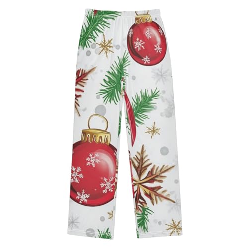 Christmas Ball Pine Branches Print Boys Long Pants Soft Trousers Elastic Waist Kids Lounge Bottoms with Pockets S-XL