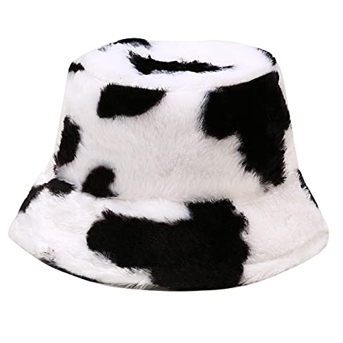 Umeepar Winter Faux Fur Fuzzy Bucket Hat Fluffy Warm Hat for Women Men (Cow Print Black)