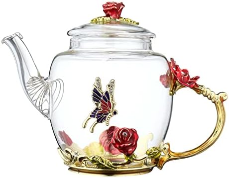 Floral Glass 10oz Teapot with Gold Leaves Edge Colourful Flower Pattern Floral Vintage Teapot Tea Party Set (Red)
