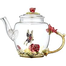 Floral Glass 10oz Teapot with Gold Leaves Edge Colourful Flower Pattern Floral Vintage Teapot Tea Party Set Red