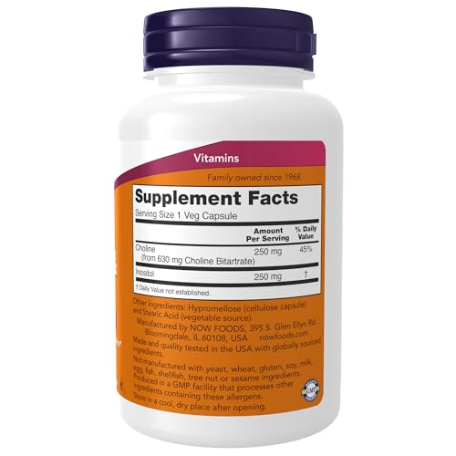 Image of NOW Foods Supplements, Choline & Inositol 500 mg, Healthy Nerve Transmission*, Nervous System Health*, 100 Capsules, (Pack of 2)