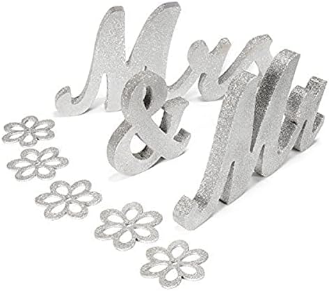 Haperlare Vintage Style Silver Mr and Mrs Sign Mr & Mrs Wooden Letters Wedding Sweetheart Table Sign with Silver Glitter Letters for Wedding Photo Props Party Top Table Decorations with 5 Flower Pads