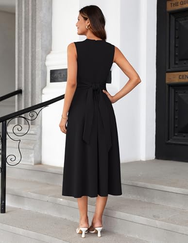 GRACE KARIN Women 2025 Summer Work Dress Sleeveless Tie Waist Elegant Party Cocktail A Line Flowy Midi Dresses with Pockets3