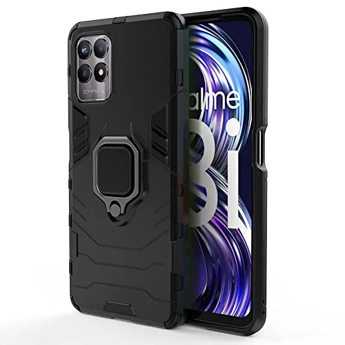 Image of WOW IMAGINE Shock Proof Back Case Mobile Cover for Realme Narzo 50 4G | for Realme 8i (Tough Armor | Hybrid PC + TPU | Full Protection with Ring Holder & in-Built Kickstand | Black)