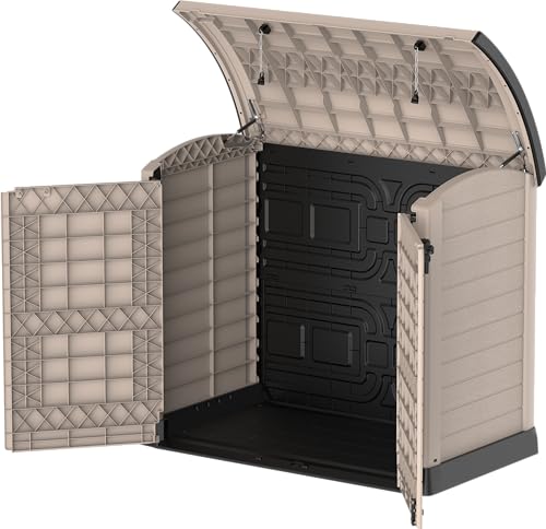 Duramax Cedargrain StoreAway 1200L Kunststoff Garten Lagerschuppen/Bogendeckel Outdoor Lagerung Mülltonnenbox Robuste Konstruktion - Ideal für Werkzeug, Fahrräder, Grills & 2X 240L Mülleimer,
