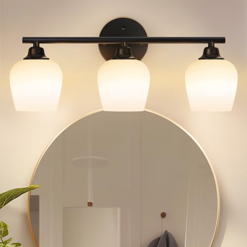 Image of ONEWISH Bathroom Light Fixtures - Modern Wall Sconces 3 Light Black, Wall Lamp for Vanity Light Over Mirror, Opal Glass Globe Lamp for Bedroom, Living Room, Hallway, E26 Socket Bulb NOT Included
