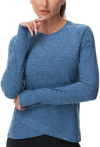 Women's Long Sleeve Compression Shirts Workout Tops Cross Hem Athletic Running Yoga T-Shirts with Thumb Hole