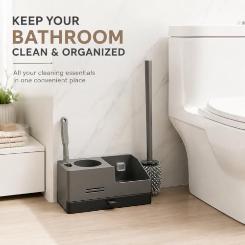 Image of Vasukie Silicone Toilet Brush and Holder Set with Caddy Organizer, 2-in-1 Bathroom Cleaning Set with Detail Brush, Drip Tray & Soap Dispenser Holder for Small Bathrooms & Apartments (Grey)