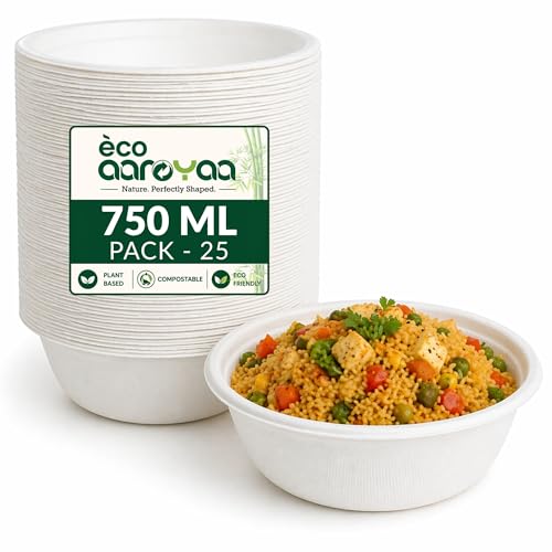 Image of Eco Aaroyaa Disposable Bagasse Bowls - 750 ML - Pack of 25 Biodegradable Disposable Bowls - Eco-Friendly Dip, Sauce, Chutney & Dessert Cups - Leak-Resistant Small Serving Bowl (Pack of 25)