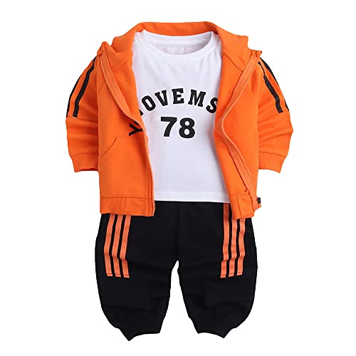Hopscotch Baby Boys Cotton Text Print T-shirt, Jacket and Jogger Set in Orange Color