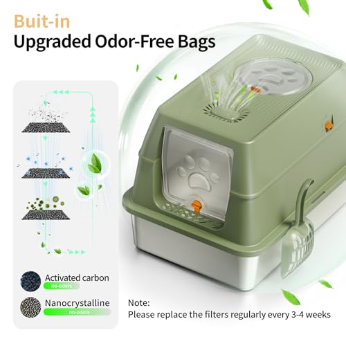 Image of Stainless Steel Cat Litter Box with Lid, XL Large Enclosed High Sided Litter Box with Removable Lid, Carbon Filters -Odor Free, Easy Cleaning, Anti-Urine Leakage for Big Cats -Green