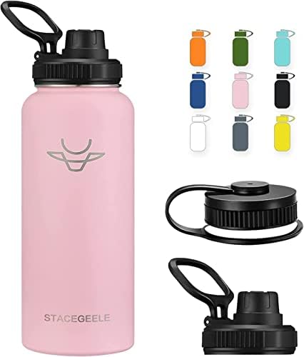 STACEGEELE Insulated Vacuum Water Bottle with Straw Lid Stainless Steel Flask Thermos Leak Proof Lightweight Eco Friendly 24oz