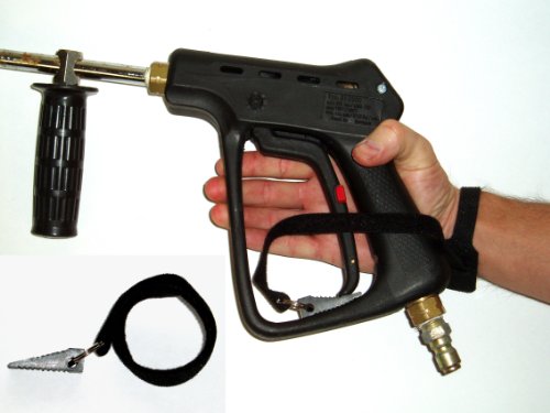 Pressure washing gun accessory. Temporarly engages triggers to reduce hand fatigue on guns and srurface cleaners.