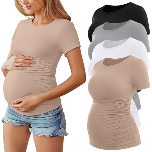 Geyoga 4 Pack Women's Maternity Shirts, Crew Neck Maternity Top Short Sleeve Casual Cotton Tee Side Ruched Pregnancy Clothes(Black, White, Light Gray, Khaki,Large)