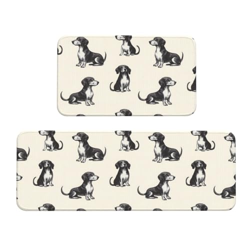GVYGVY Antifatigue Kitchen Mats for Floor 2 Piece - Retro Sausage Dog Print Kitchen Rugs Washable, Non Slip Runner Rug Standing Mat for Office/Bathroom/Laundry/Home Decor and Accessories