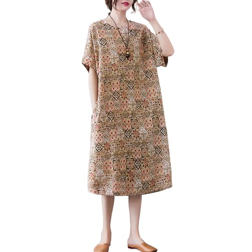 Image of LUZU JUNU Women's Summer Baggy Plus Size Loose Cotton Linen Long Boho Beach Dress with Pockets