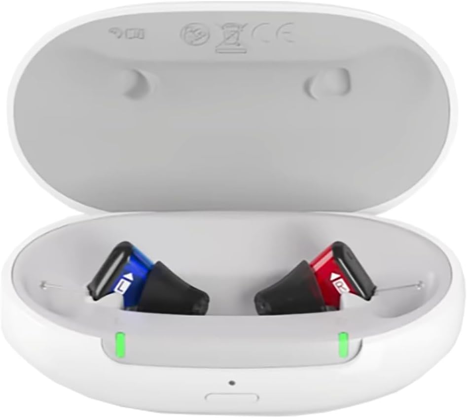 Signia Silk Charge & Go IX portable charger with two hearing aids inserted, showing green indicator lights.