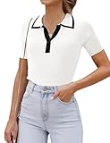 luvamia Blouses for Women Dressy Casual Knit Trendy Tops Summer Short Sleeve Color Block Button Up Collared Polo Shirt Cute Summer Tops for Women 2024 Trendy White Collared Shirt Women Size 12 Size 14