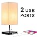 Siljoy Modern Table Lamp with 2 USB Charging Ports, Nightstand Bedside Desk Lamp with Beige Fabric Lampshade, Pull Chain Switch & Black Wooden Base, Ambient Light Beside Lamps for Bedroom, Living Room