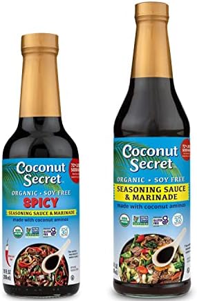 Coconut Secret Coconut Aminos 2 Pack (Organic 16.9 Fl. Oz. & Spicy 10 Fl. Oz.), Low Sodium Soy Sauce Alternative