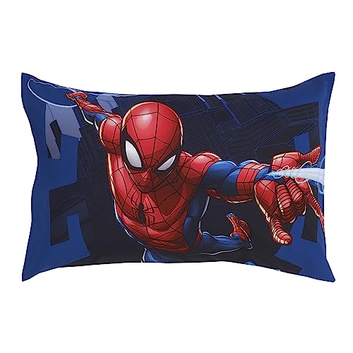 Image of NoJo Marvel Spiderman to The Rescue Red, White, and Blue 4 Piece Toddler Bed Set - Comforter, Fitted Bottom Sheet, Flat Top Sheet, and Reversible Pillowcase