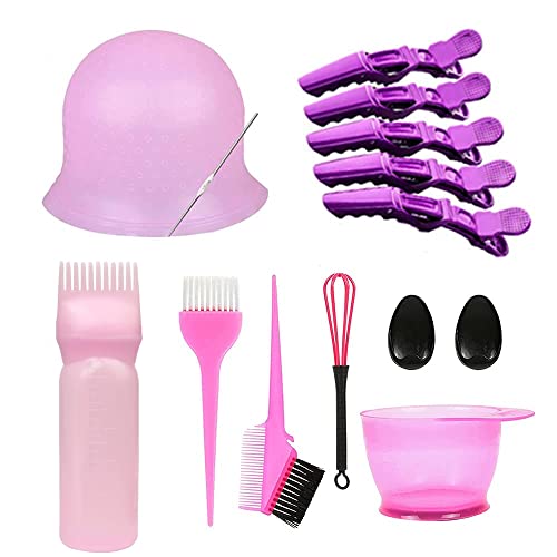 Hair Dye Kit, Silicone Highlighting Cap with Hook Kit for Color Hair, Root Comb Applicator Bottle for Bleaching, Hair Dye Coloring Brush and Bowl Set for Women, Alligator Clips(Pink And Purple)