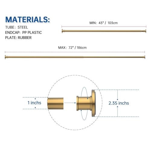 Image of BRIOFOX Industrial Shower Curtain Rod - Rustproof Non-Slip 43-72 Inches Tension Curtain Rod for Window or Bathroom, Light Gold