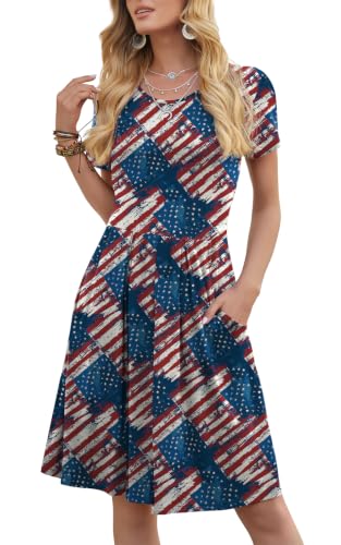 DouBCQ Women's Casual Short Sleeve Pleated Dresses Diagonal USA Flag M