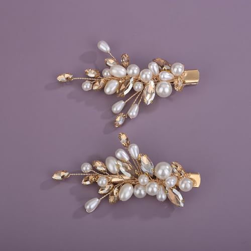 BERYUAN Bridal Teardrop Rhinestone Pearls Hair Clips Crystal Rhinestone French Hairpins Wedding Rhinestone Pearls Handmade Hairpiece Wedding Bridal Hair Accessories for Women(2pcs) (champagne)