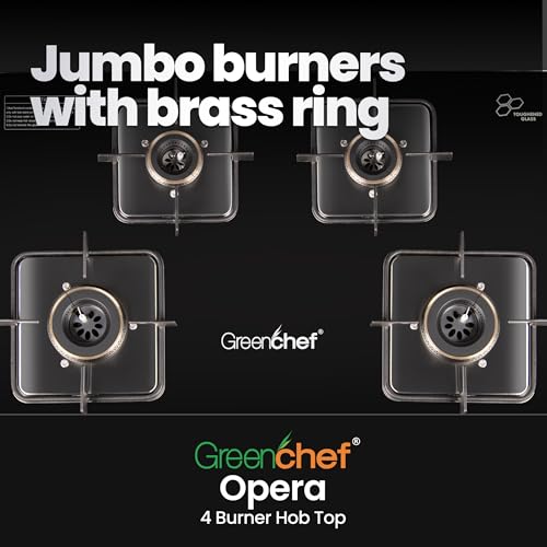 Image of Greenchef Opera Hob top Four burner gas stove - Auto Ignition, Toughened Glass, LPG Compatible, Sleek and compact design