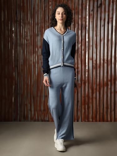 Image of High Star Women Knitted Acrylic Relaxed Fit High- Rise V Neck Long Sleeve Co-Ord