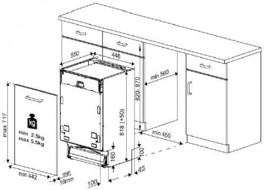 Schemat instalacji zmywarki Beko DIS35020 pokazujący wymiary i odstępy