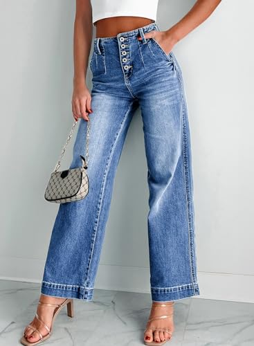 Sidefeel Women's Wide Leg Jeans High Waisted Button Fly Stretchy Straight Legs Denim Pants2